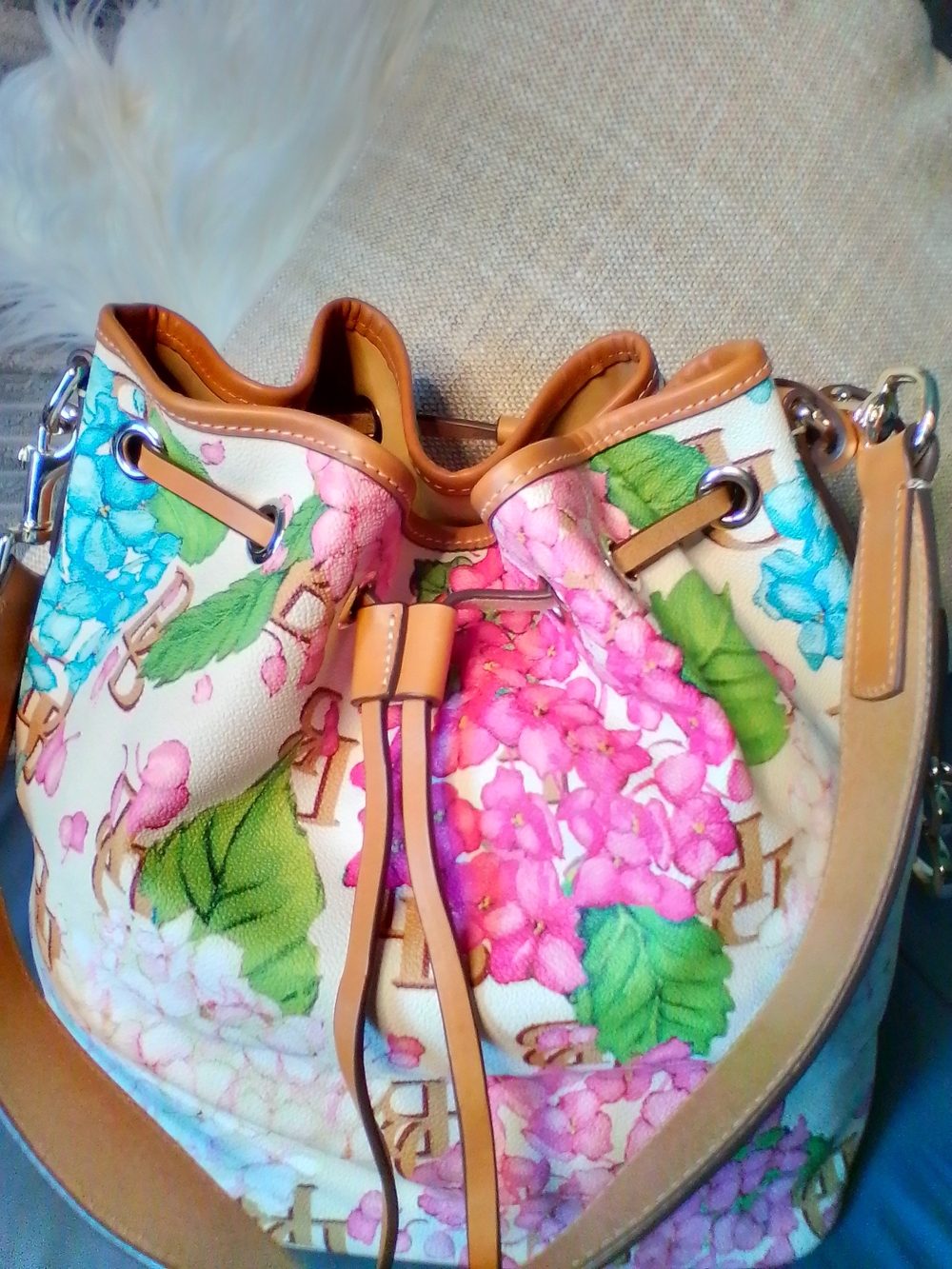 Dooney & Bourke Hydrangea Drawstring Bucket Bag in Pink, Teal & Cream - Picture 14 of 14